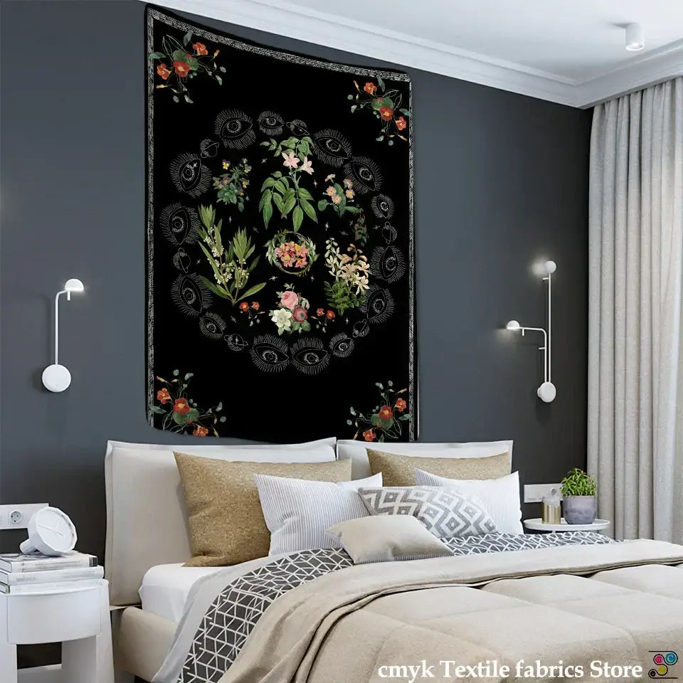 Black botanical sketch tapestry wall hanging with intricate green pink orange floral and eye motifs for bedroom decorbites decor