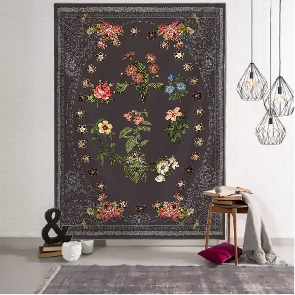 Dark gray botanical sketch tapestry wall hanging with intricate pink blue and white floral design for bedroom decorbites decor