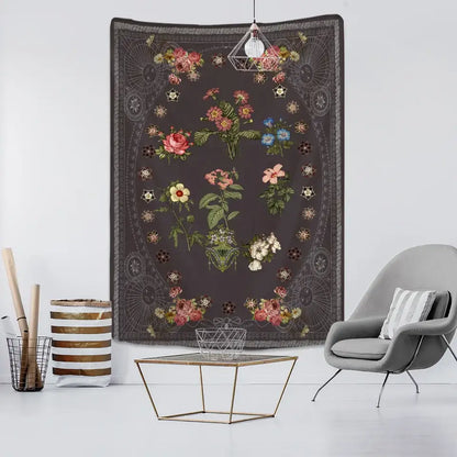 Dark gray botanical sketch tapestry wall hanging with vibrant floral oval pattern for bedroom decorbites decorbites botanical sketch