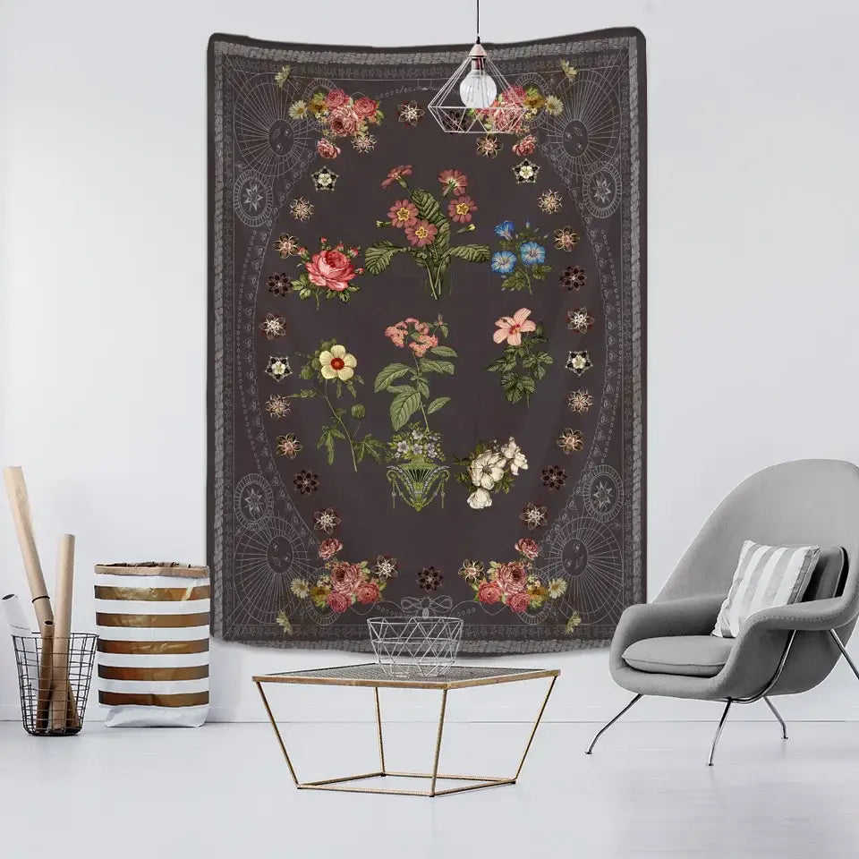 Dark gray botanical sketch tapestry wall hanging with vibrant floral oval pattern for bedroom decorbites decorbites botanical sketch