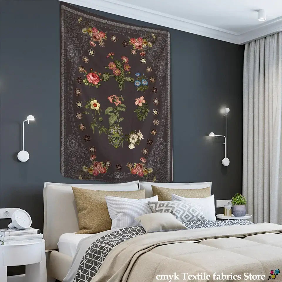 Dark brown decorbites botanical sketch tapestry with intricate floral illustrations and lace border for bedroom decor