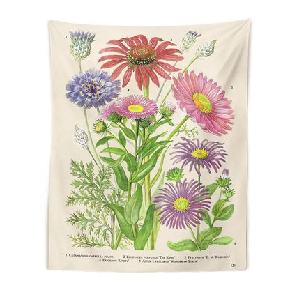 Beige botanical wildflower vintage tapestry featuring colorful pink purple red flowers with green stems for bedroom wall decorbites decor
