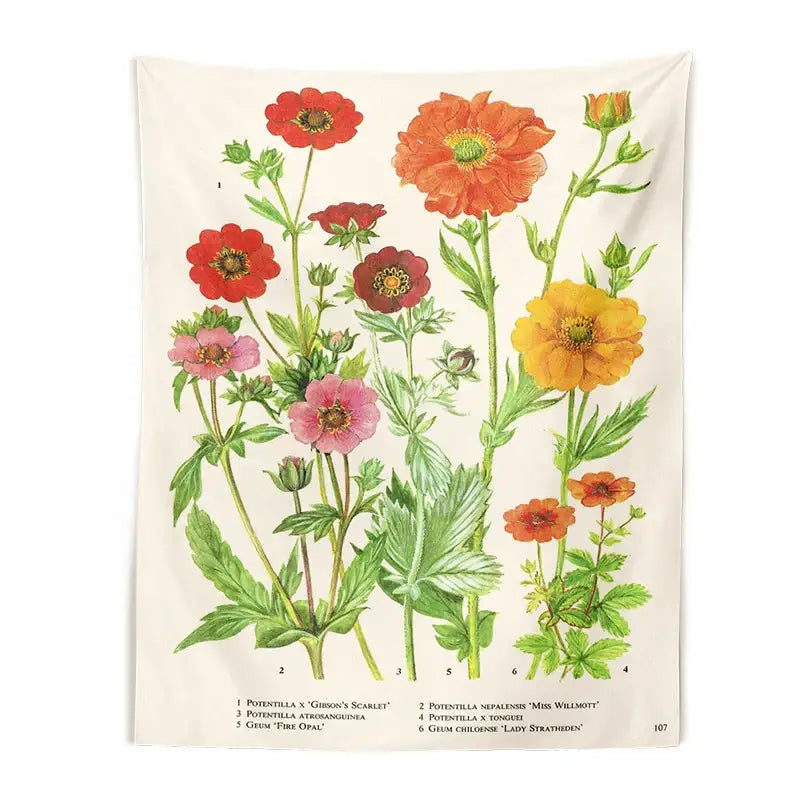 Beige wall tapestry with colorful botanical wildflower vintage illustration for decorbites botanical wildflower decor