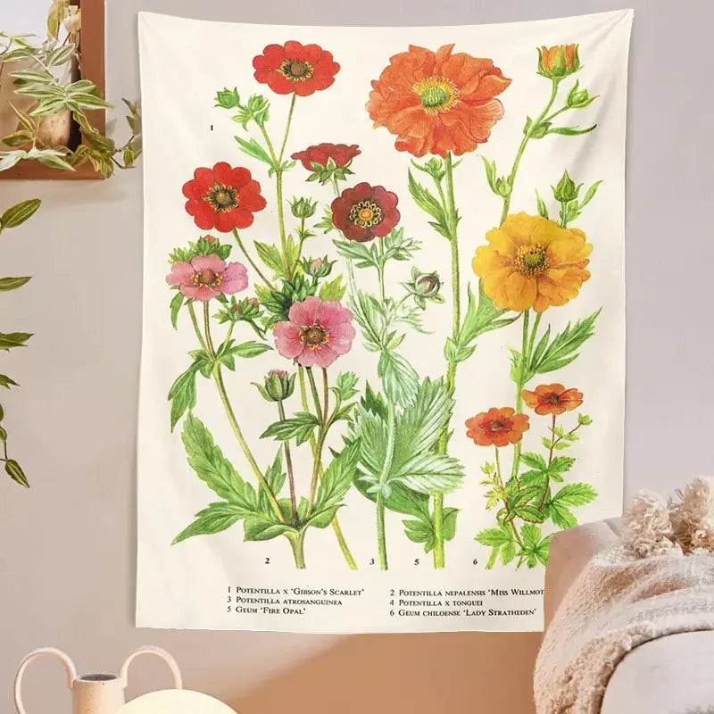 A cream botanical wildflower vintage tapestry with vibrant red orange pink flowers and detailed green stems for decorbites wall decor
