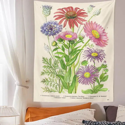 A cream decorbites botanical wildflower vintage tapestry featuring vibrant pink purple and blue flowers for bedroom wall decor