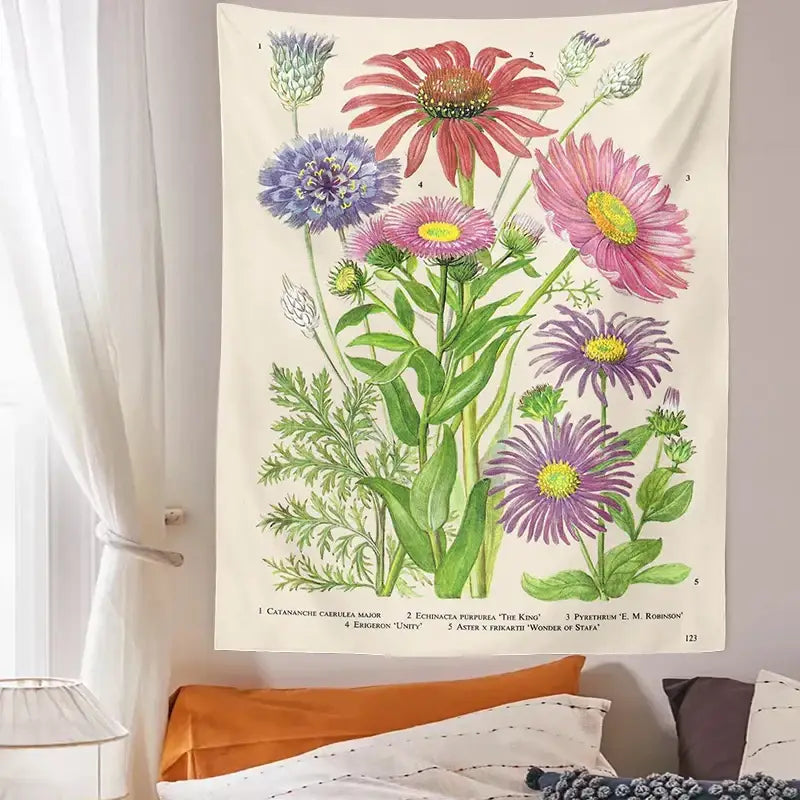 A cream decorbites botanical wildflower vintage tapestry featuring vibrant pink purple and blue flowers for bedroom wall decor
