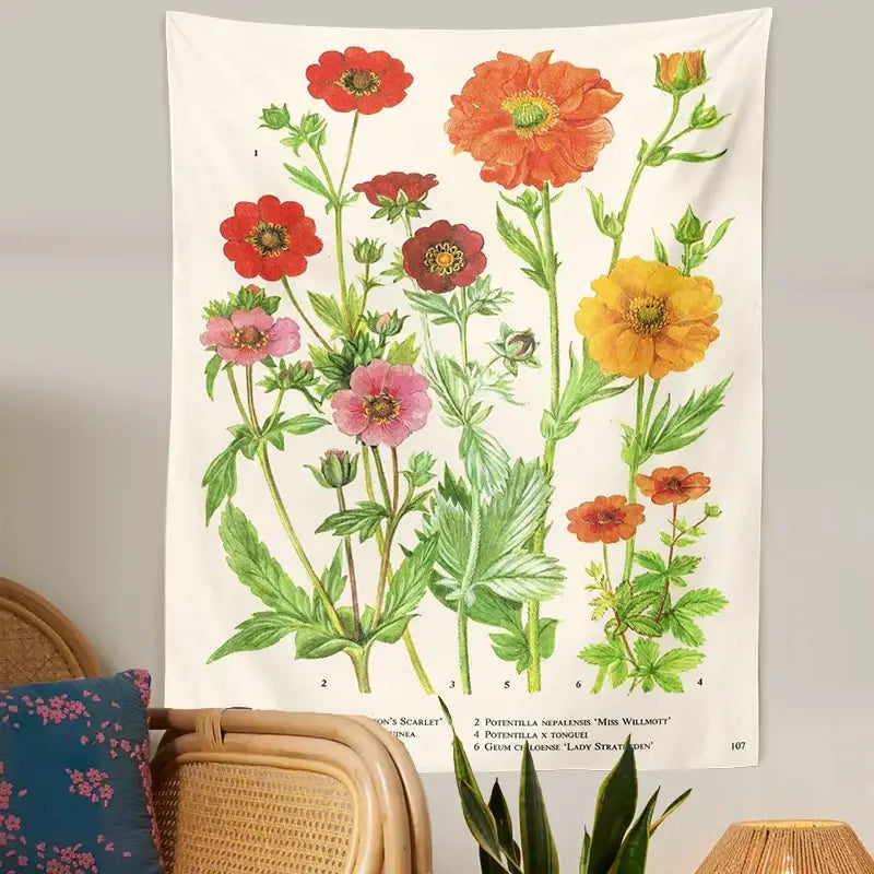 Botanical wildflower vintage tapestry featuring vibrant red orange pink and yellow flowers on cream background wall decor