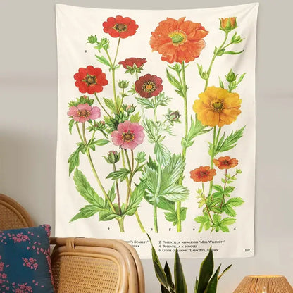 Botanical wildflower vintage tapestry featuring vibrant red orange pink and yellow flowers on cream background wall decor