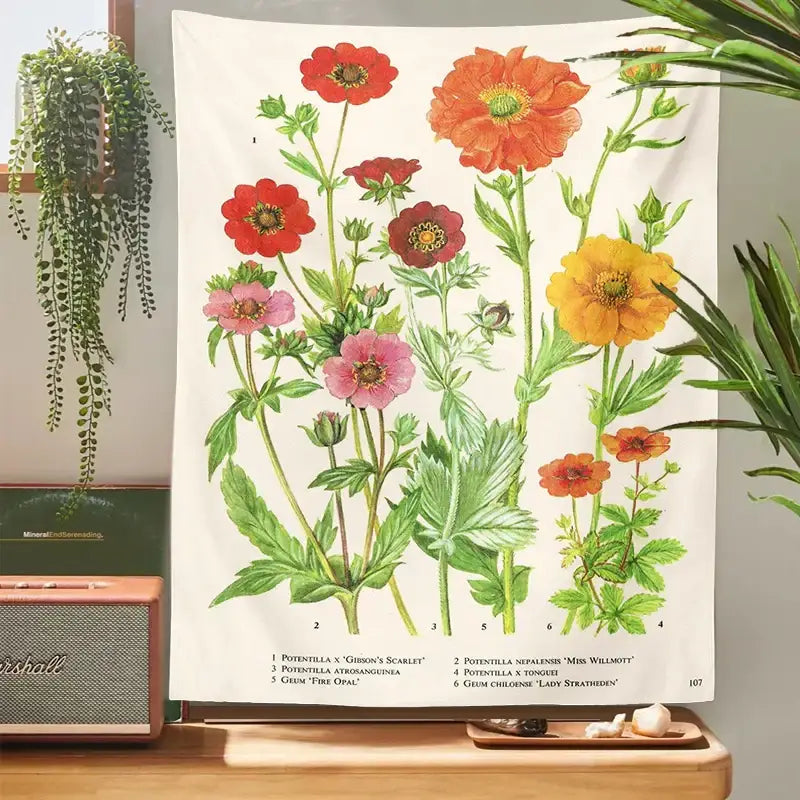 Decorbites botanical wildflower vintage tapestry with vibrant red orange yellow pink flowers on cream wall decor