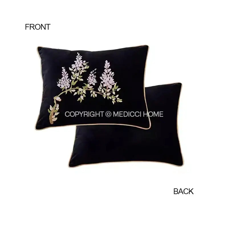 Black velvet cushion cover with delicate lavender and gold floral decorbites botanical wisteria embroidery
