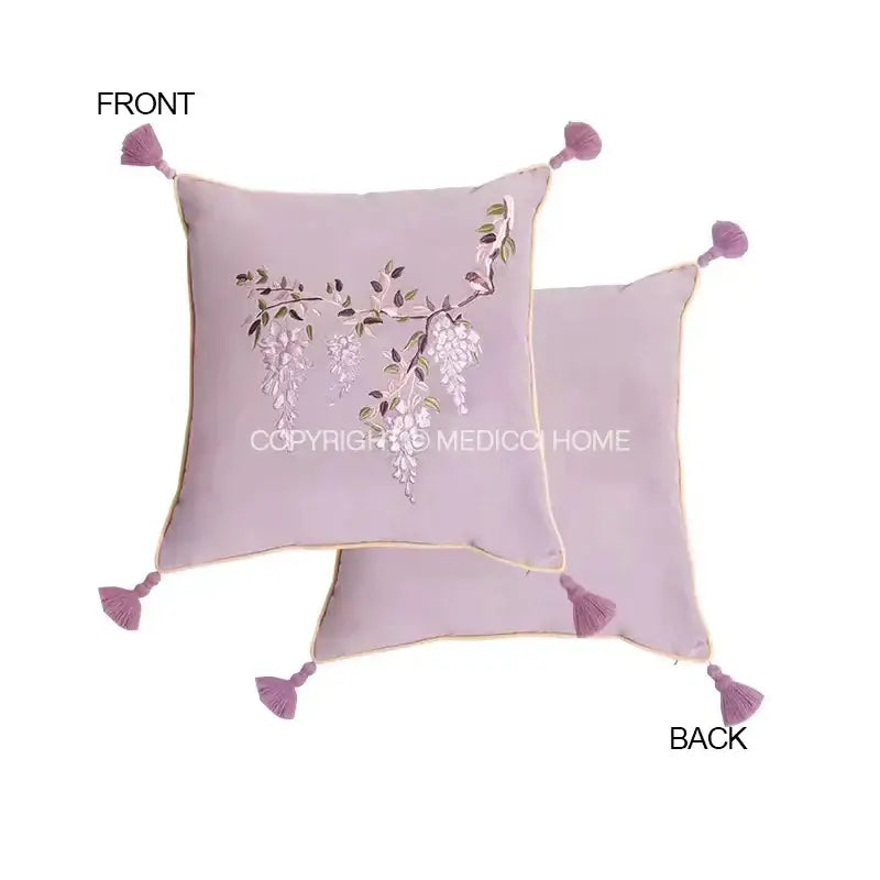 Lavender botanical wisteria embroidered black velvet cushion cover with white green vine embroidery and tassels for bedroom decor