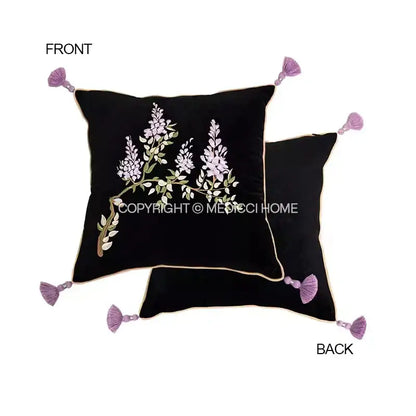 Black velvet cushion cover with botanical wisteria embroidered lavender floral design and matching tassels by decorbites