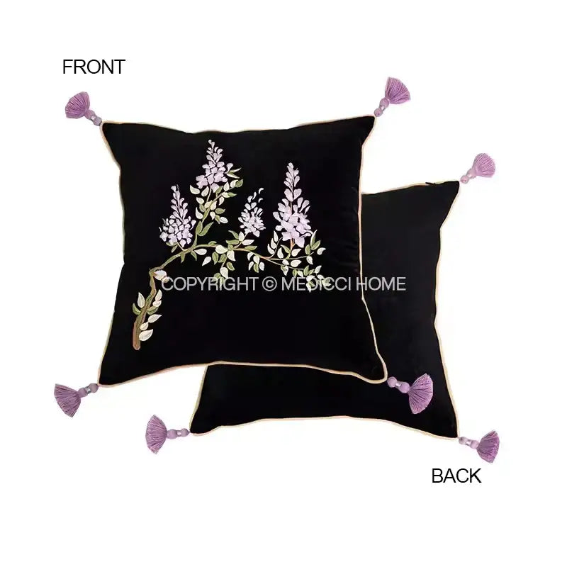 Black velvet cushion cover with botanical wisteria embroidered lavender floral design and matching tassels by decorbites