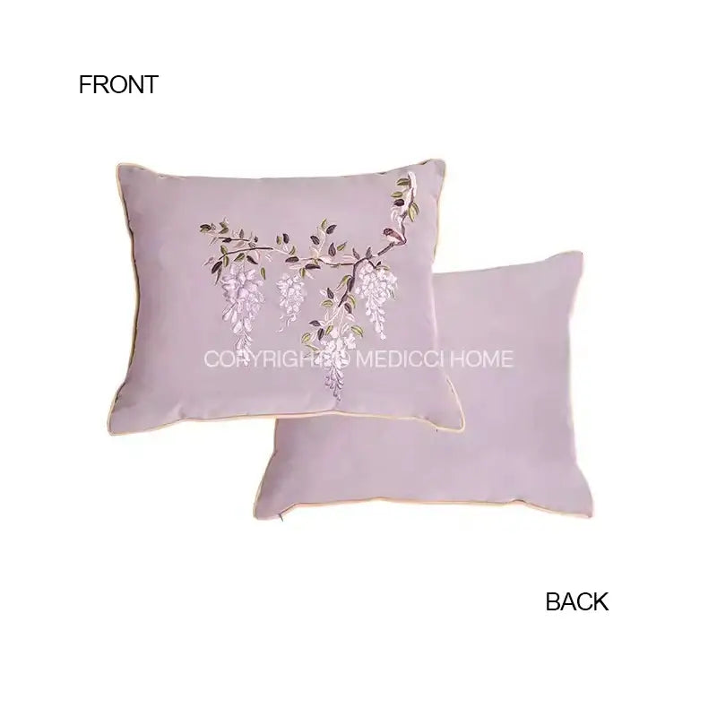 Lavender cushion cover with delicate botanical wisteria embroidered blossoms on black velvet for bedroom decorbites