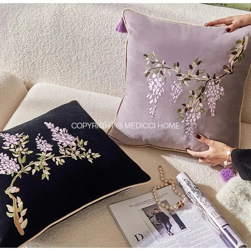 Lavender velvet cushion cover with botanical wisteria embroidered design and matching tassel accent for bedroom decorbites decor