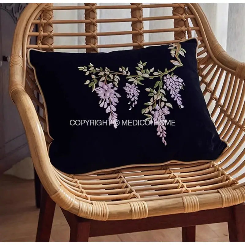 Black velvet cushion cover with botanical wisteria embroidered lavender flowers and green leaves for bedroom decorbites