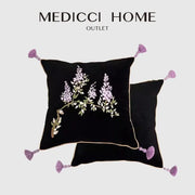Black velvet cushion cover with botanical wisteria embroidered lavender blossoms and purple tassels by decorbites