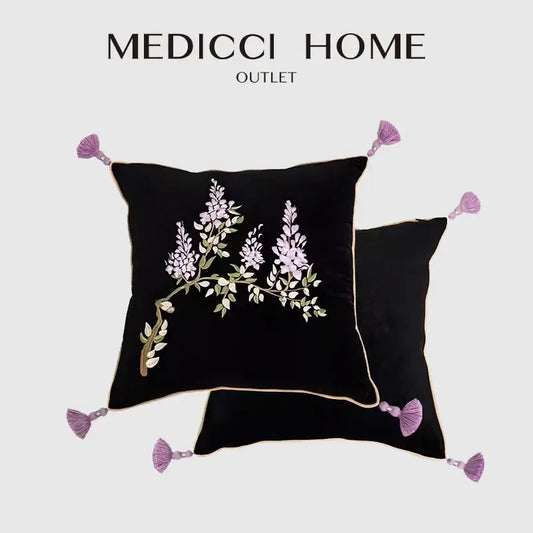 Black velvet cushion cover with botanical wisteria embroidered lavender blossoms and purple tassels by decorbites