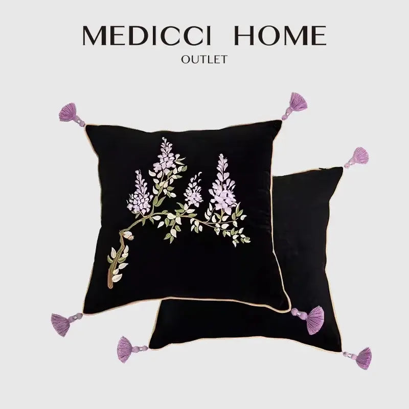 Black velvet cushion cover with botanical wisteria embroidered lavender blossoms and purple tassels by decorbites