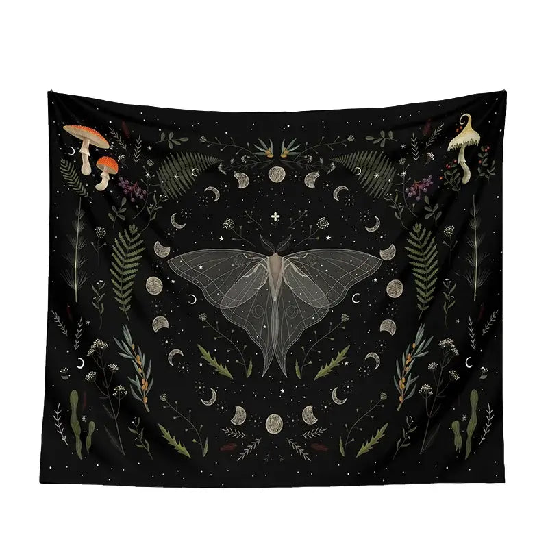 Black botanical witchy tapestry featuring a translucent moth with mushrooms ferns and moon phases for bedroom decor