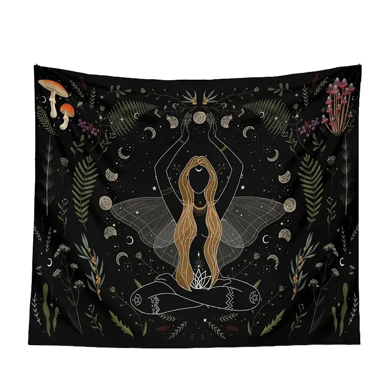 Botanical witchy tapestry featuring a black background with golden hair figure, moon phases, mushrooms, and fern accents for bedroom decor