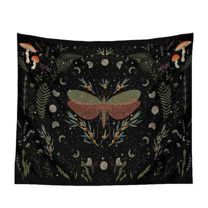 Botanical witchy tapestry black with central green and reddish-brown moth surrounded by mushrooms ferns and moons wall decor
