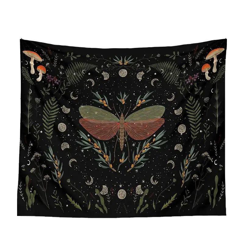 Botanical witchy tapestry black with central green and reddish-brown moth surrounded by mushrooms ferns and moons wall decor
