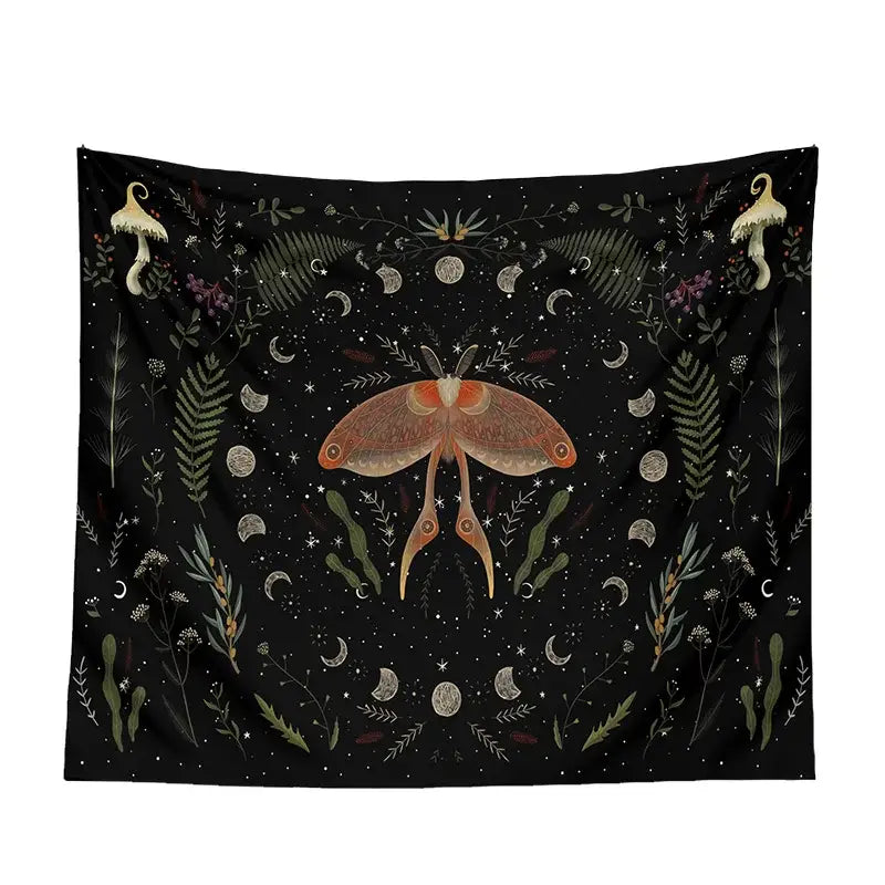 Black botanical witchy tapestry with orange moth, green ferns, purple flowers, and silver moons for bedroom decor