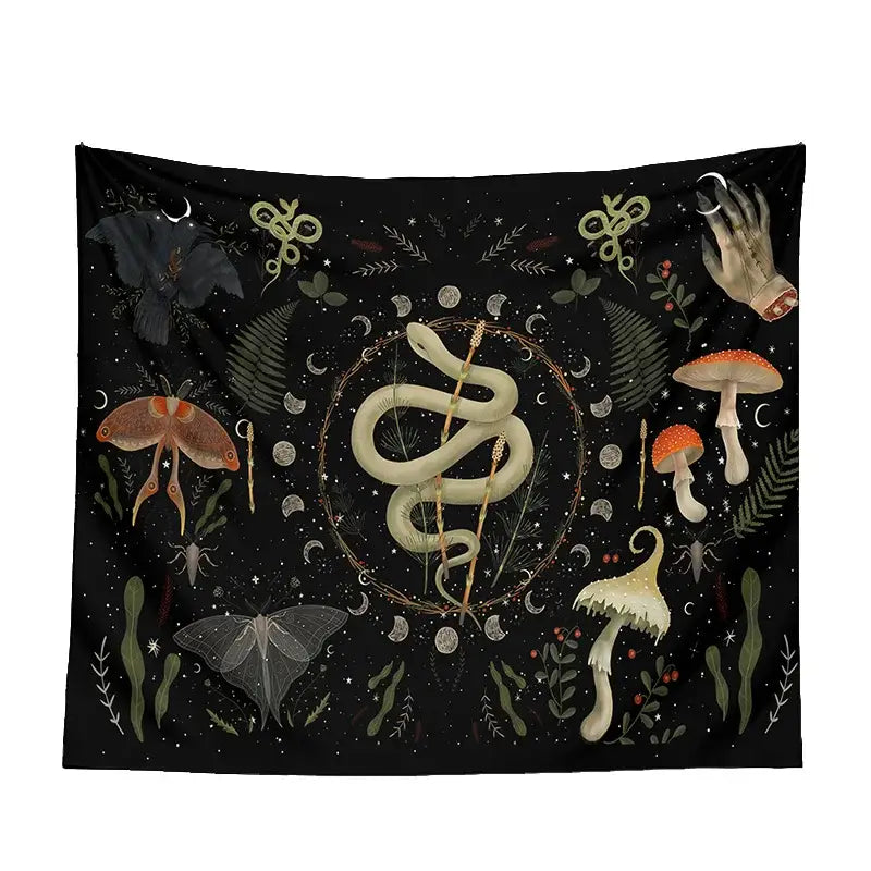 Botanical witchy tapestry in black featuring a cream serpent coiled within a wreath with mushrooms and celestial symbols