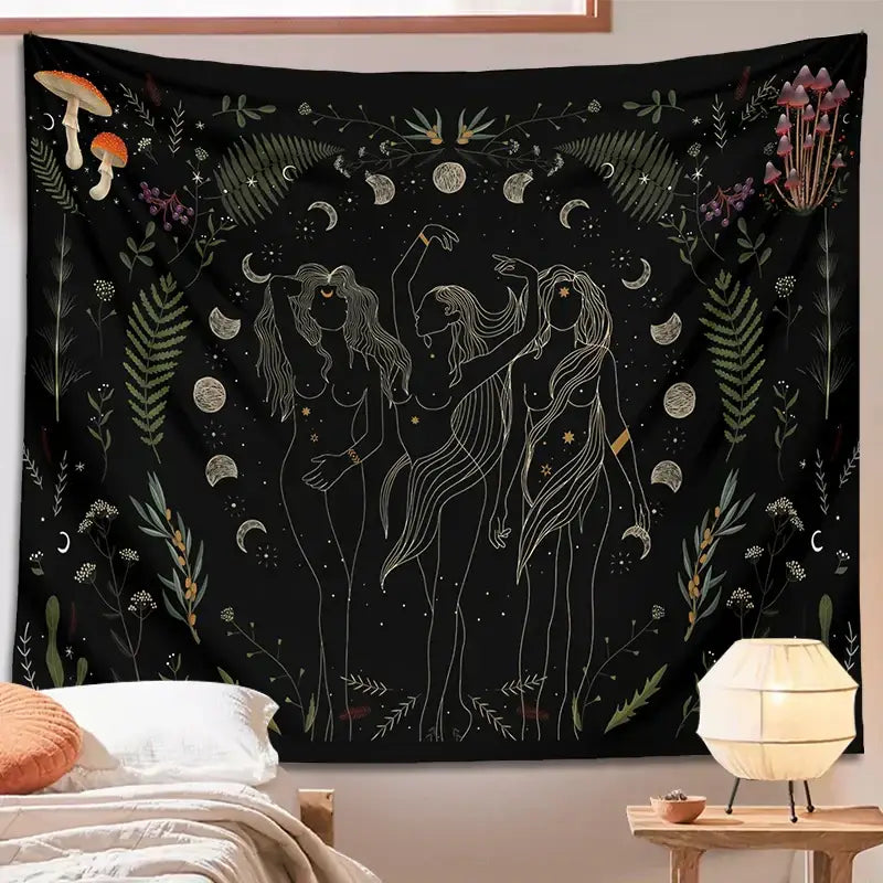 Black botanical witchy tapestry featuring white line-drawn women with green and gold foliage mushrooms and celestial details