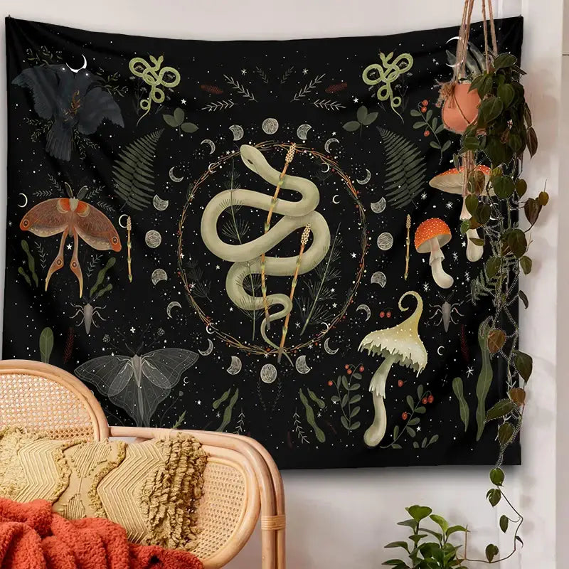 Black botanical witchy tapestry with cream serpent, green mushrooms, ferns, moths, and moon phases for bedroom decor