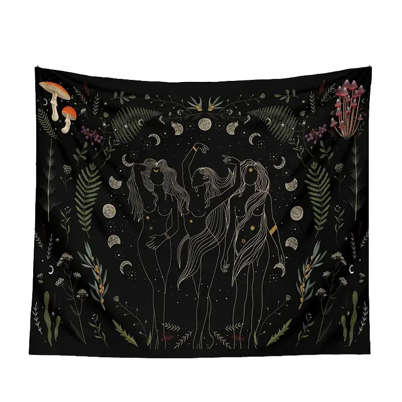 Botanical witchy tapestry in black with intricate white line art of women mushrooms ferns and moon phases for wall decor