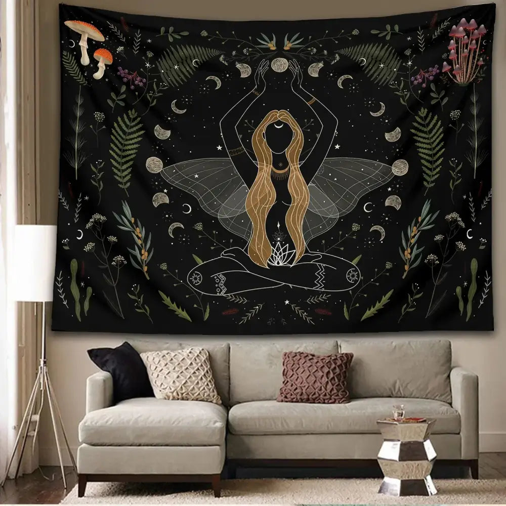 Botanical witchy tapestry black fabric with golden woman silhouette butterfly wings moons mushrooms and foliage decor