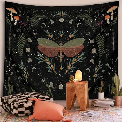 Black botanical witchy tapestry with central moth green and reddish wings surrounded by mushrooms ferns moons stars and vines
