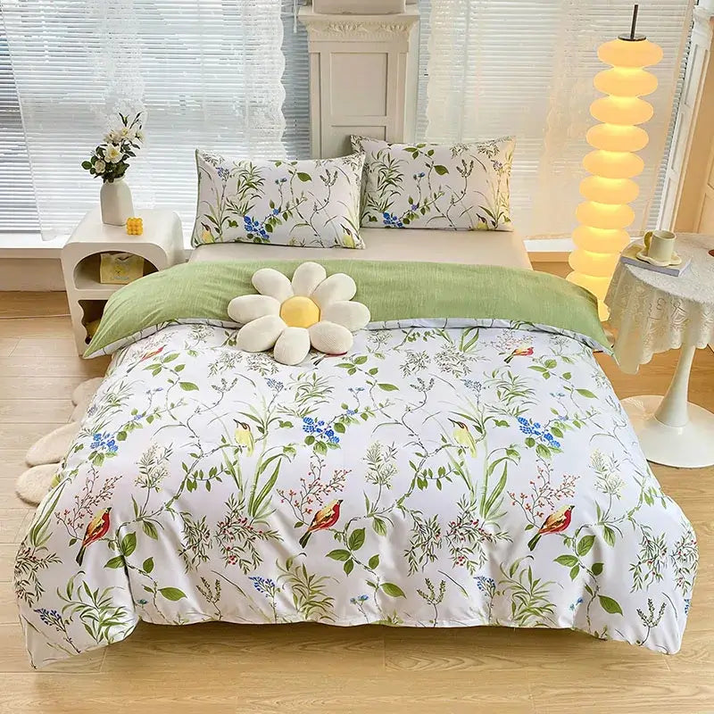 White duvet cover set with delicate green leaves blue flowers and red birds on soft cotton for bedroom bedding