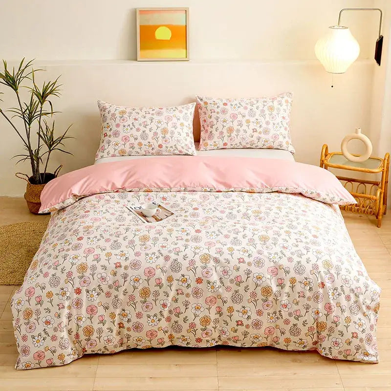 Botanical yellow and white floral duvet cover set with pastel floral comforter featuring cream base and delicate blossoms