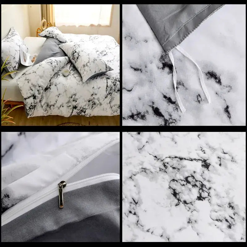 Botanical yellow and white floral duvet cover set with white and black marble-patterned bedding and gray accents