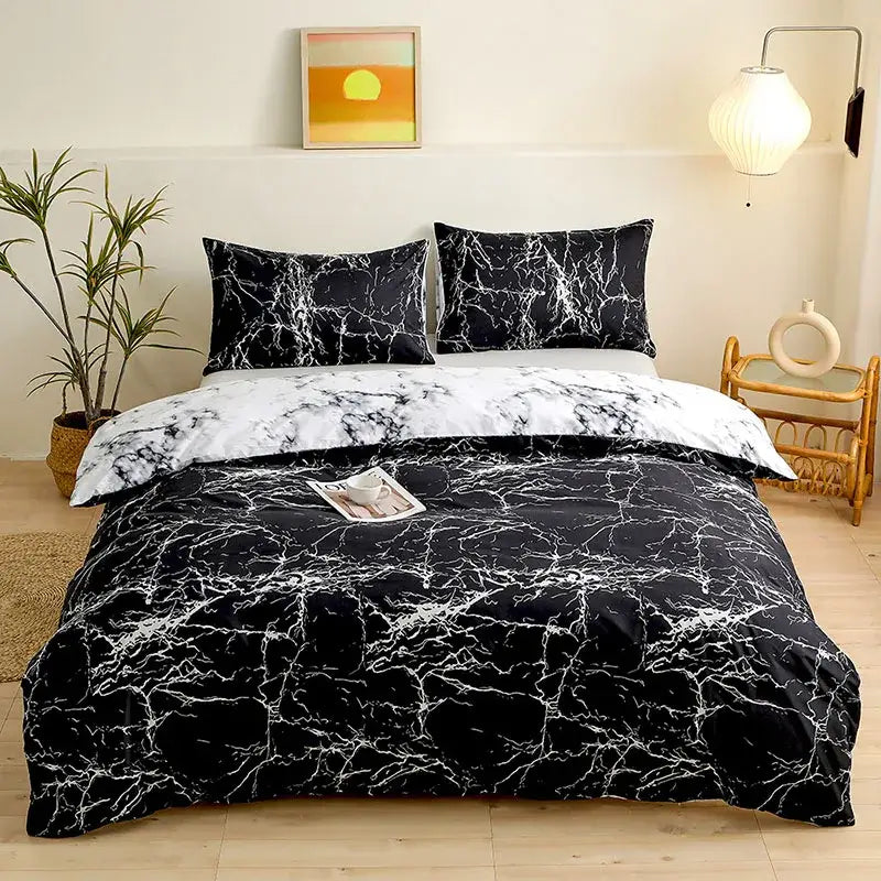 Black and white marble patterned duvet cover set with sleek modern design for botanical yellow and white floral bedding