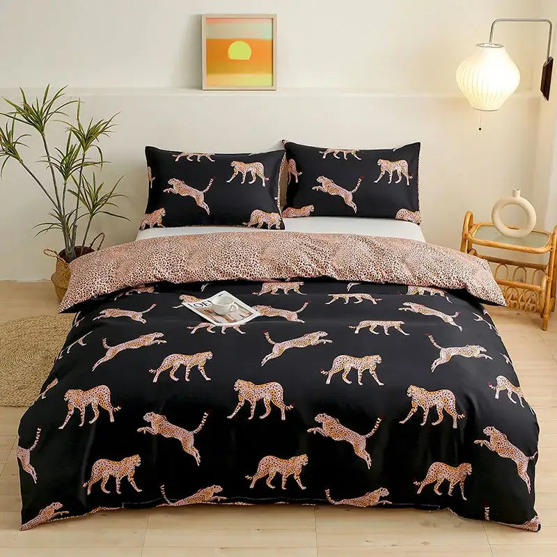 Black duvet cover set with golden leopard pattern complementing botanical yellow and white floral bedroom bedding