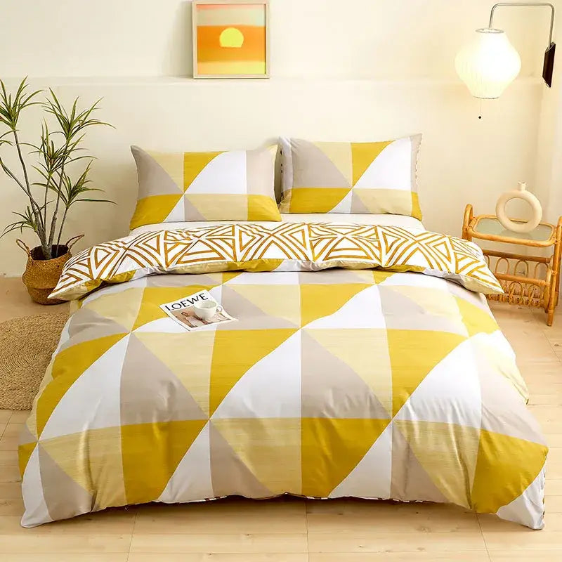 Botanical yellow white floral duvet cover set featuring a modern yellow white and gray geometric pattern cover set