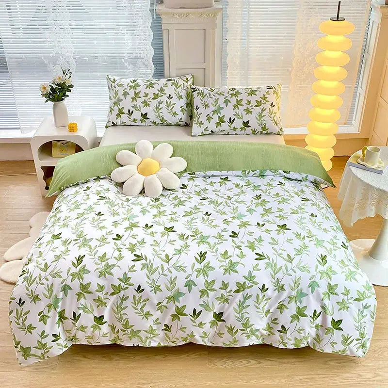 White and green leafy patterned botanical yellow and white floral duvet cover set with soft fabric pillow sham