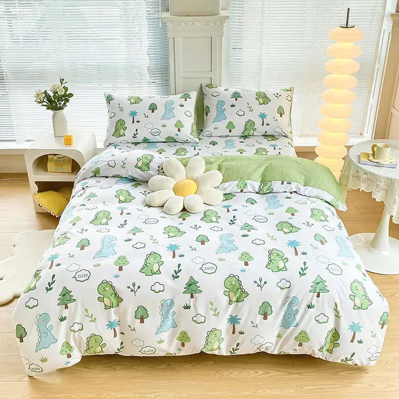Botanical yellow and white floral duvet cover set with white duvet cover featuring green and light blue cartoon dinosaurs and trees