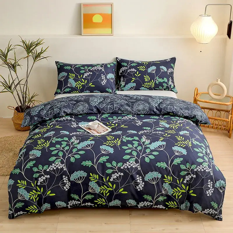 Navy blue floral duvet cover set with green and white botanical patterns for bedroom bedding cover set
