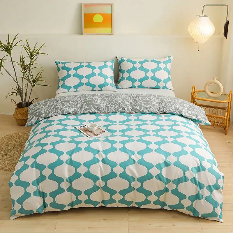 Teal and white geometric-patterned duvet cover set with modern flowing design for bedroom bedding cover set