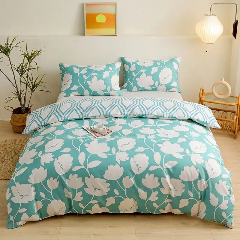 Teal and white floral patterned duvet cover set with geometric design in botanical yellow and white floral bedroom bedding