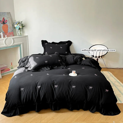 Bow Embroidery Bedding Set with Ruffles