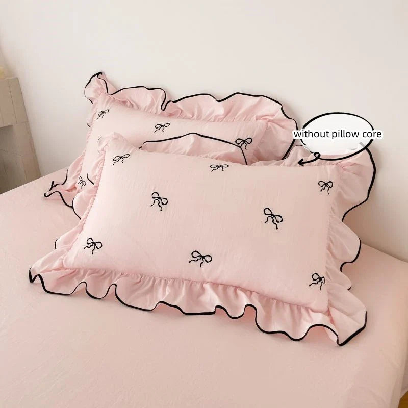 Bow Embroidery Bedding Set with Ruffles