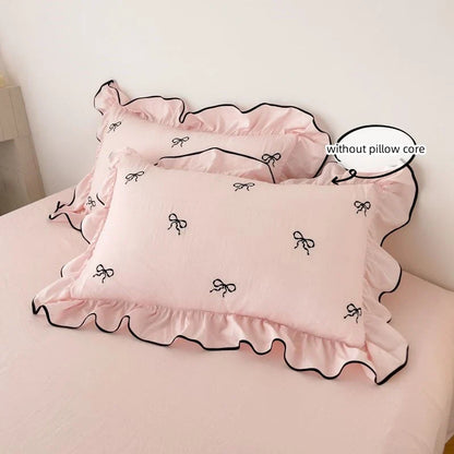 Bow Embroidery Bedding Set with Ruffles