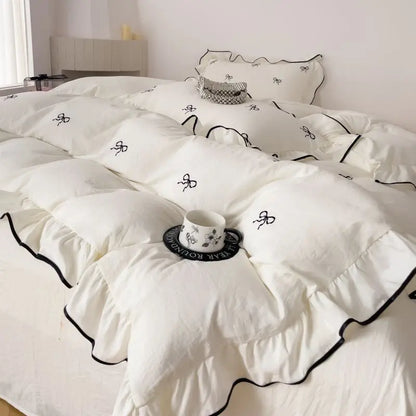 Bow Embroidery Bedding Set with Ruffles