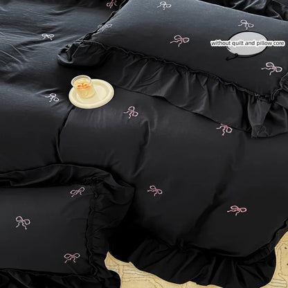 Bow Embroidery Bedding Set with Ruffles